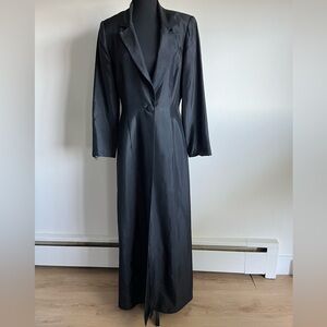 1990s / Y2K Black Satin Lapel Maxi Blazer Overcoat with Iridescent Lining Size M